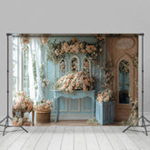 Aperturee - Aperturee Blue Pink Romantic Floral Fancy Room Wedding Backdrop